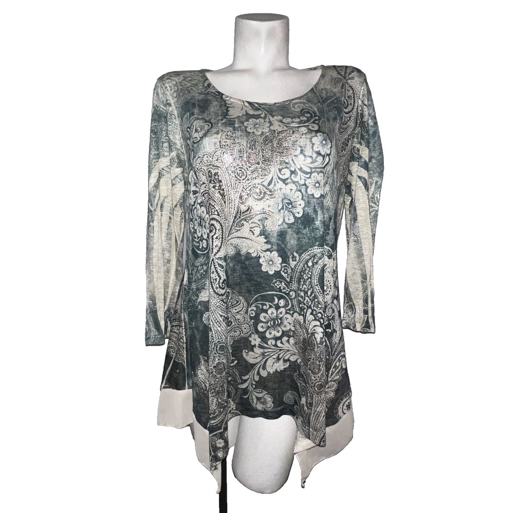 Cal Style Top Women's Size L Green Beige Embellished‎ Asymmetrical Floral Tunic
